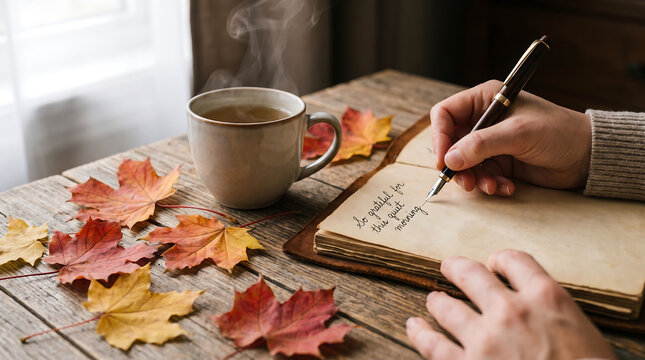 Close up of hands writing in a leather journal with autumn leaves and coffee mug