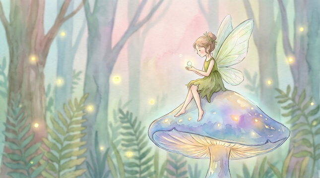 Magical tiny fairy with wings sitting on a glowing mushroom in an enchanted forest