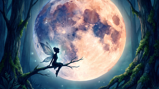 Silhouette of a fairy sitting on a tree branch against a massive glowing full moon