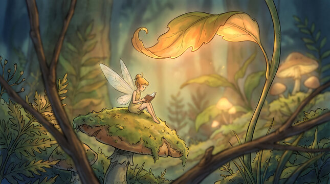 Fantasy glowing magical forest scene with fireflies and mystical atmosphere