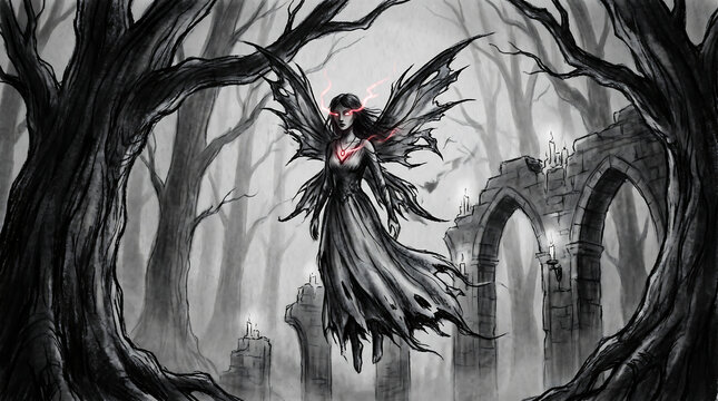 Dark fantasy illustration of a fallen angel or dark fairy in a gloomy forest