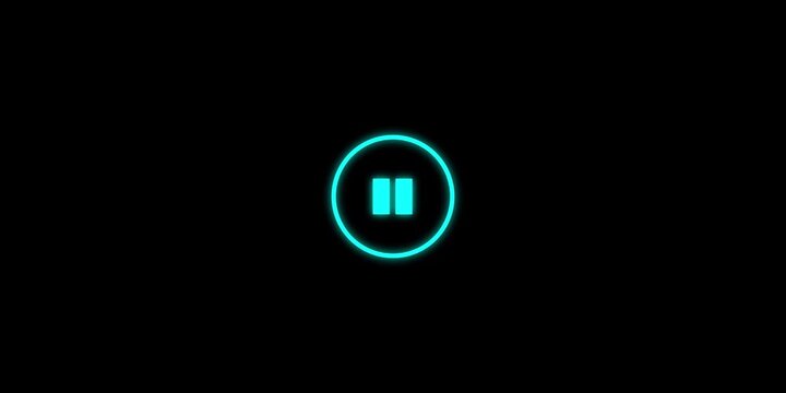 Glowing cyan blue play button icon motion graphic isolated on black background