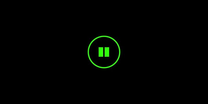 Glowing green pause button icon motion graphic isolated on black background