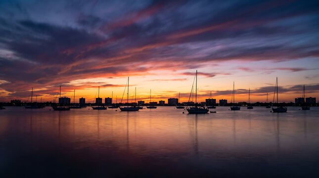 Peaceful sunset reflection over a calm lake with boats silhouetted in the distance