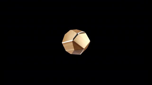 Rotating golden polyhedron on black background 3D animation