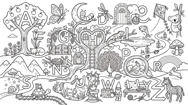 Alphabet coloring page with various animals and letters for kids educational art activity.