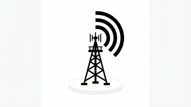 Black radio tower icon showing strong signal waves for wireless mobile communication networks depicted as a simple flat vector illustration isolated on a white background design