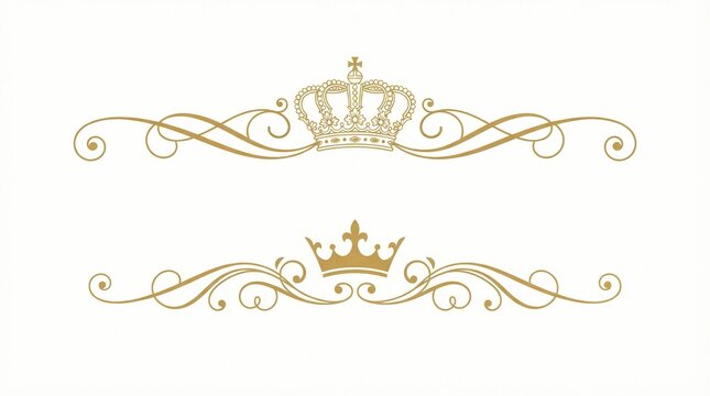 Elegant golden royal crowns centered above intricate swirling filigree flourishes isolated on plain white background for luxury wedding invitation card designs or sophisticated branding logo projects
