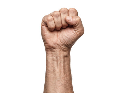 Raised clenched fist on white background, powerful male hand gesture of strength and protest, solid arm showing power and unity