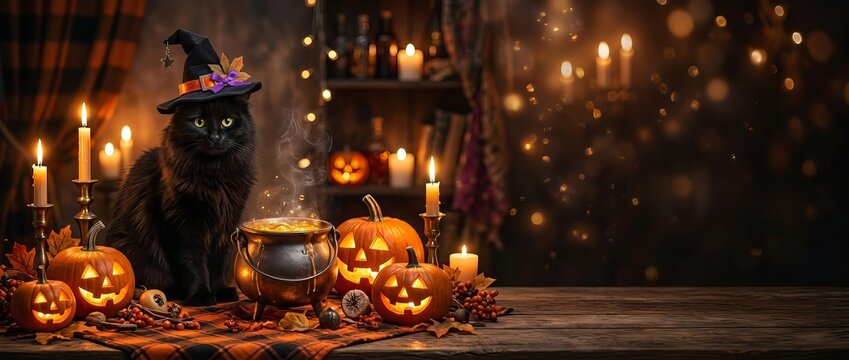 Black cat wearing witch hat sitting with glowing jack o lantern pumpkins and cauldron with candles on wooden table. Halloween magic and autumn decoration concept with copy space for festive background