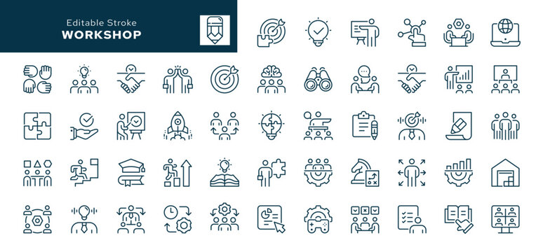 Workshop outline icons set. Business, team building, teamwork, coaching, presentation, professional seminar. Line icon in linear style. Vector collection	