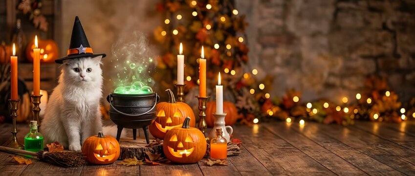 White cat wearing witch hat sitting near bubbling cauldron with glowing jack o lantern pumpkins and candles. Halloween magic and cute spooky decoration concept for autumn holiday celebration