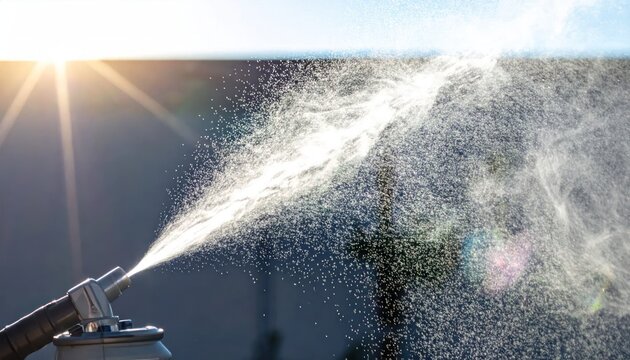 Water spray from hose nozzle in bright sunlight