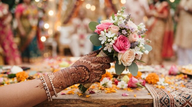 Elegant bridal hand adorned with intricate henna tattoos holds a beautiful floral wedding bouquet featuring soft pink roses and white blossoms during a festive ceremony celebration.