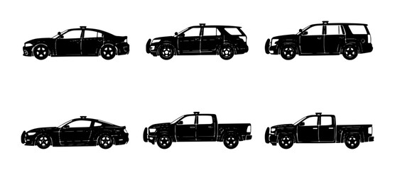 Black Police Car Icons, Law Enforcement Vehicle Set, Security Transport Vector Collection © Ayush