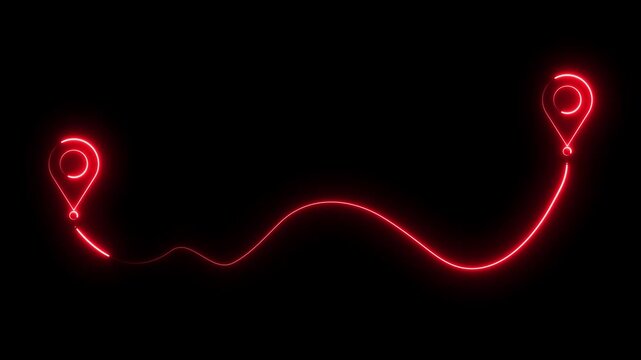 Neon red map route path with glowing location pins on black background