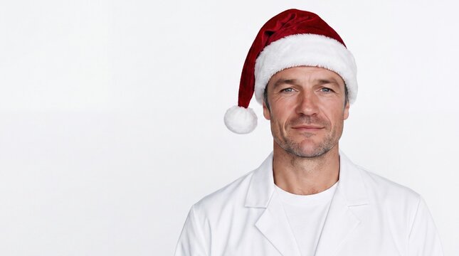 Middle-aged Caucasian man wearing a Santa hat and a white lab coat. He has short brown hair and a slight smile. The background is plain white.
