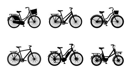 Naklejka premium Diverse Bicycle Collection, Urban Commuter Bikes, Retro Styling, Modern Electric Cycles, Vector Icons