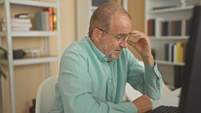 Man in green shirt holds eyeglasses and rubs eyes while leaning at a desktop computer with keyboard and bookshelf in an office building; fatigue.