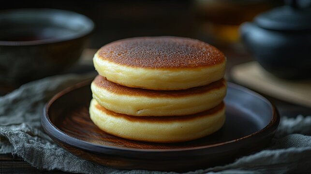 Thick fluffy Japanese pancakes stack golden brown baked dessert dark wooden plate rustic morning breakfast