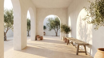 Fototapeta premium Sunlit Mediterranean courtyard with olive trees and stone archway.