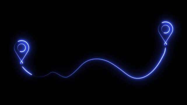 Neon blue map route with location pins animated path for travel and logistics