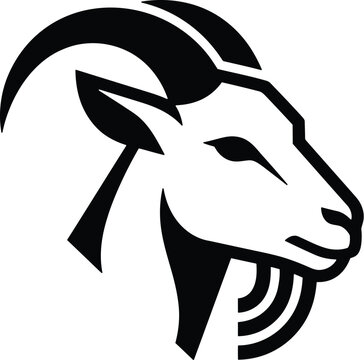 Minimalist goat head logo, black and white mountain ram icon, animal vector