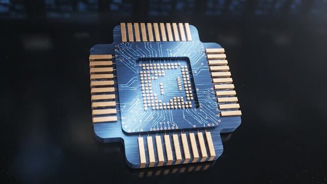 Digital Microchip Processor Assembling With Glowing Data Circuit Lines
