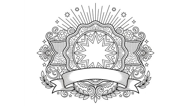 Circular mandala emblem with mechanical gears and floral accents for steampunk aesthetics.