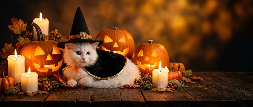 Cute white cat wearing witch hat and cape lying among glowing jack o lantern pumpkin and candle. Halloween celebration with autumn decoration on wooden table. Festive spooky party concept.