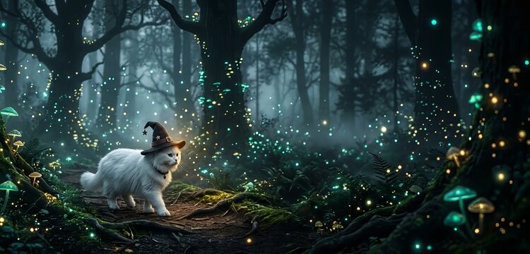 White fluffy cat wearing witch hat walking in enchanted forest at night. Halloween magic and fantasy concept with glowing lights and mystical woodland