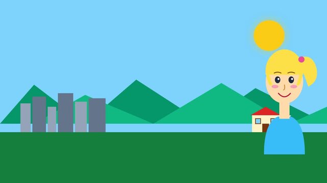 Flat design illustration of a happy girl in a landscape with mountains and city.