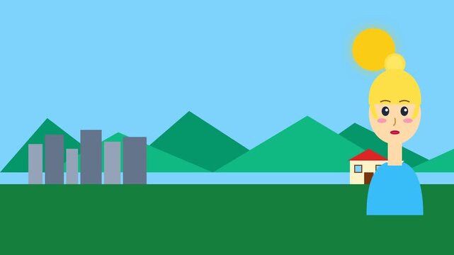 Simple vector illustration of a woman in a landscape with city and mountains