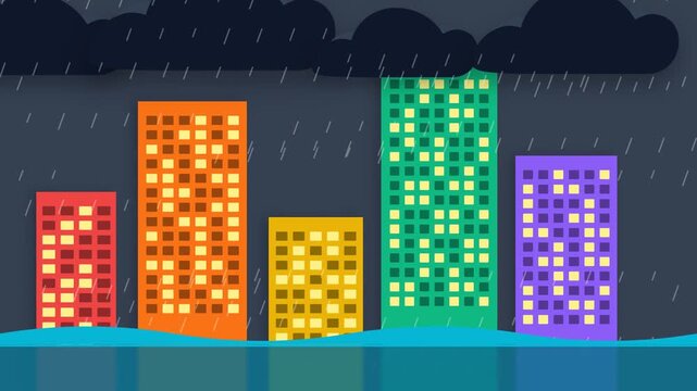 Animated illustration of a city being flooded during a heavy rainstorm.