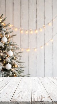 A decorated Christmas tree with white ornaments and warm lights stands against a rustic wooden wall. A wooden table is in the foreground.