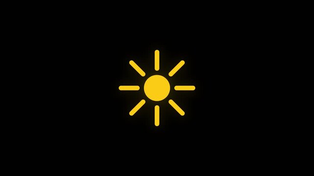 Minimalist yellow sun icon with rays isolated on a black background.