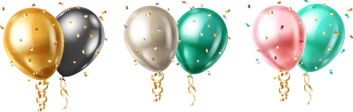 Golden, silver, and green balloons float with confetti and ribbons.