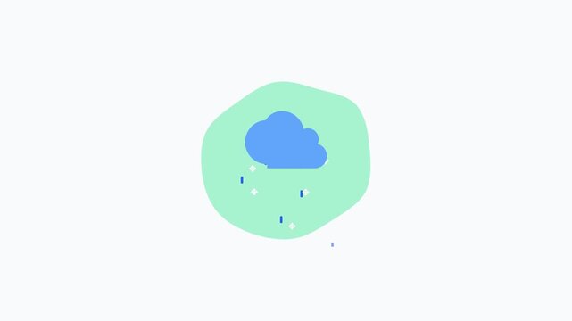 Animated flat icon of a blue cloud with rain and snow on a green background.