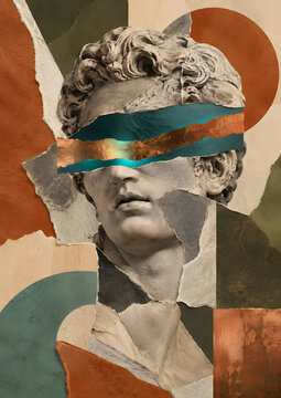 Fragmented classical statue portrait with metallic paper blindfold