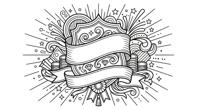 Success banner coloring page with cash stacks and diamond gems in festive fireworks style.