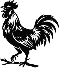 Vintage rooster silhouette, black cockerel farm icon, rustic poultry vector © LoveU