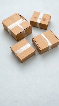 Four cardboard boxes with white tape on a light surface. The boxes vary in size and are stacked in a casual arrangement.