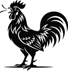 Vintage rooster silhouette, black crowing cockerel icon, farm animal vector © LoveU