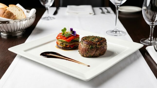 Gourmet filet mignon steak served with a vegetable ratatouille stack on a white plate