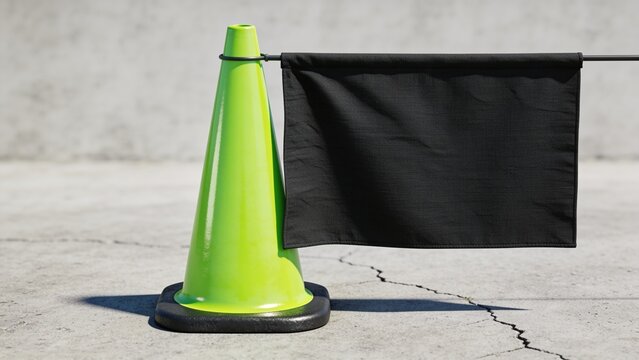 A bright green traffic cone with a black flag attached stands on a cracked concrete surface. The scene is simple and focused on the cone and flag.