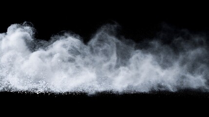 Naklejka premium White snow powder explosion on black background. Winter frost dust cloud and frozen particle burst. Christmas blizzard effect overlay. Christmas visuals, or action particle effects.