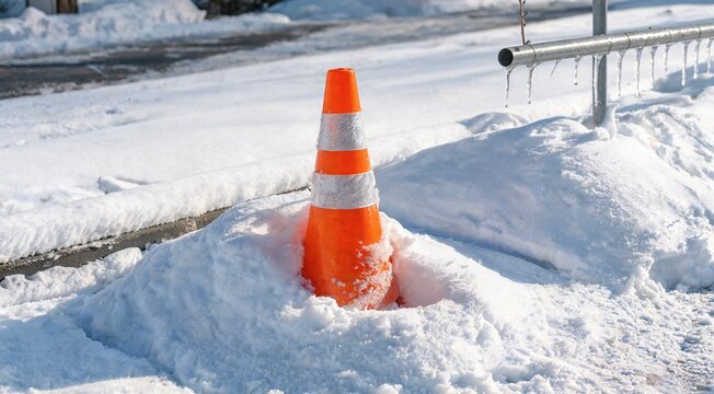 An orange traffic cone partially buried in snow on a winter day. Snow covers the ground, and a metal railing is visible in the background.