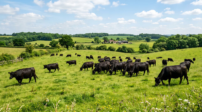 Black cattle grazing in lush green countryside meadow.