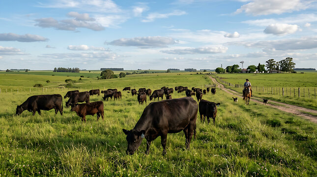 Black cattle grazing in lush green pasture field.