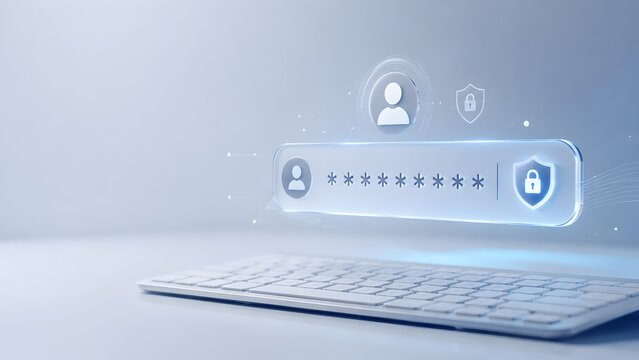 White keyboard with floating glass user password padlock shield interface. Concept of corporate network security and account login authorization.
